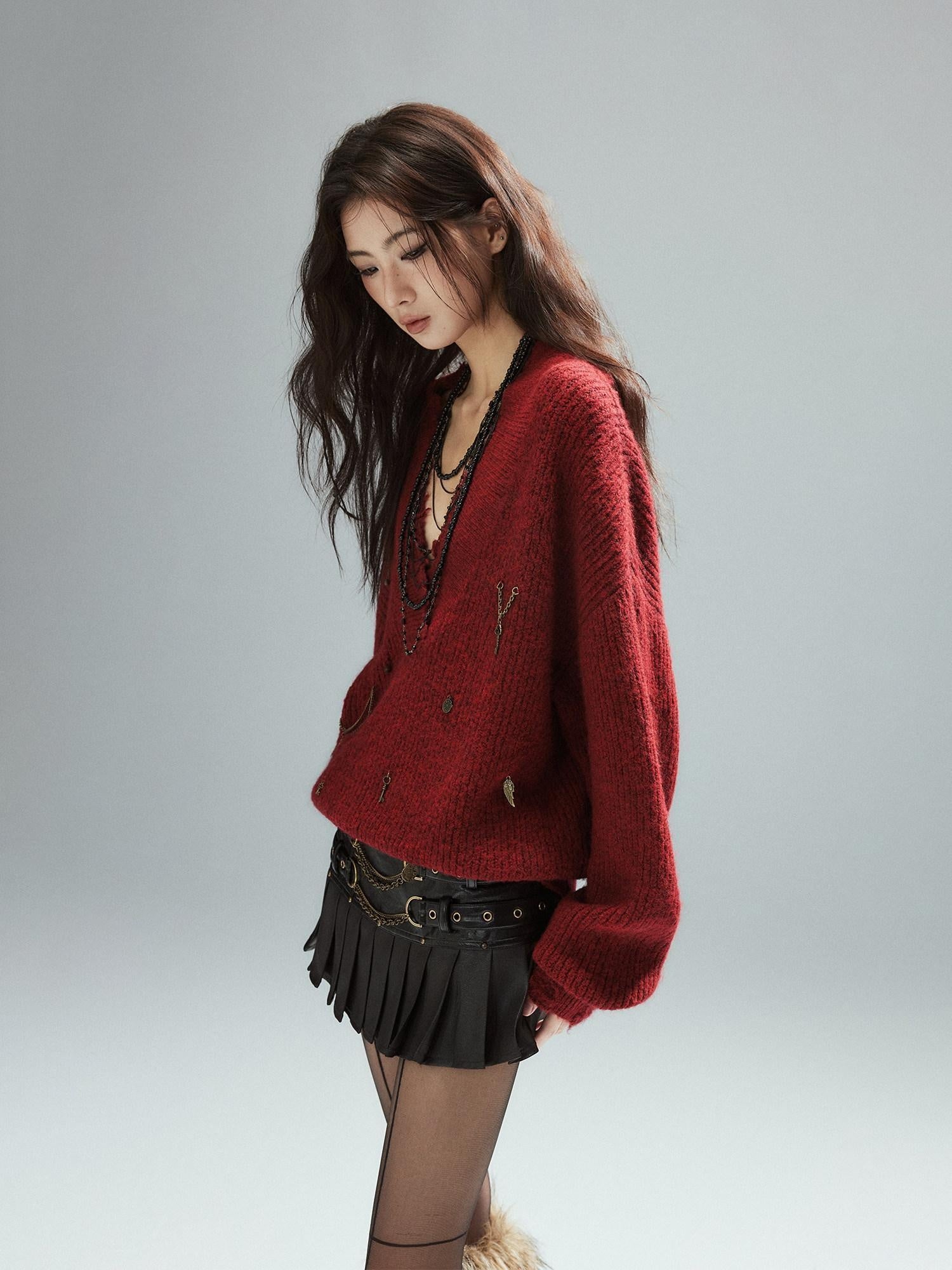 Low pixel Warm Oversized Street Raw Hem Women V-neck Red Pullover Sweaters