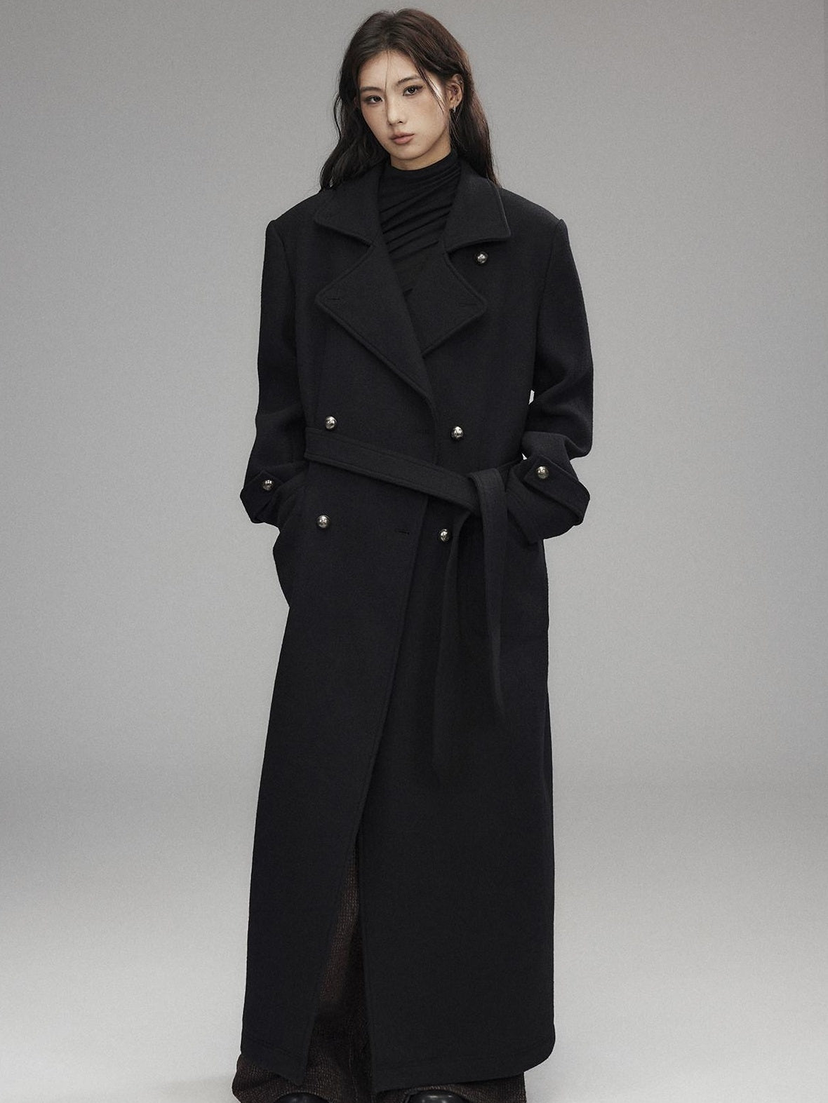 Low pixel Warm Wool Blend Street Oversized Double Breasted Notch Collar Black Wool Coats