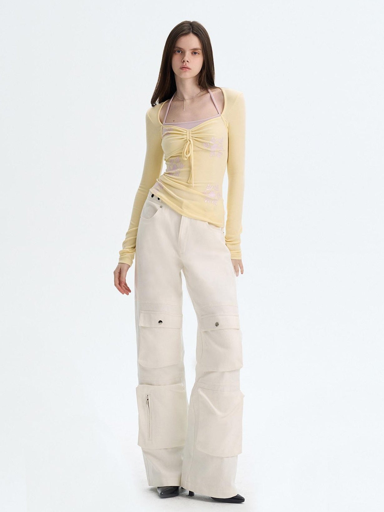 The NeverMore Soft Cotton Blend Printed Square Neck Fitted Women Long Sleeve Crop Tops