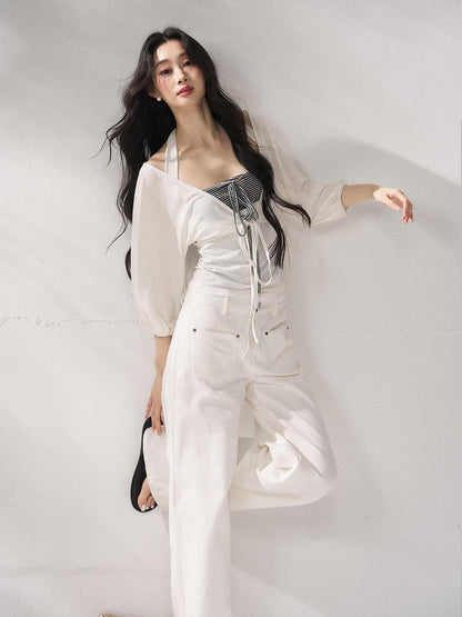 7Shiftin Striped Layered Two Piece Three Quarter Sleeve High Waist Long Sleeve Crop Tops