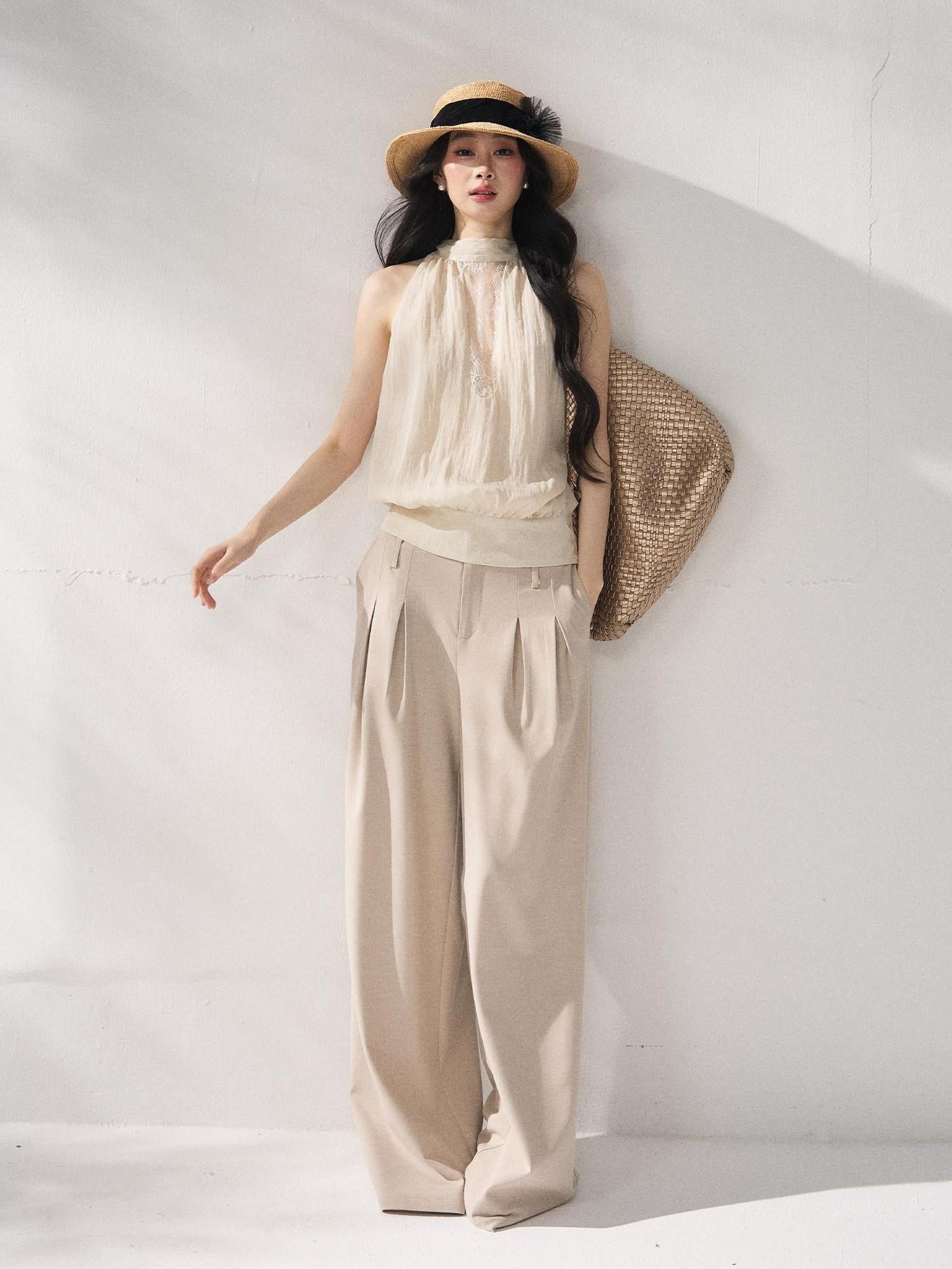 7Shiftin Comfort Stretch Natural Waist Casual Straight Hem Women Khaki Wide Leg Pants