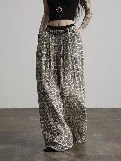 INDULGE Durable Viscose Blend Vintage Patchwork Abstract Pockets Women Wide-Leg Pants