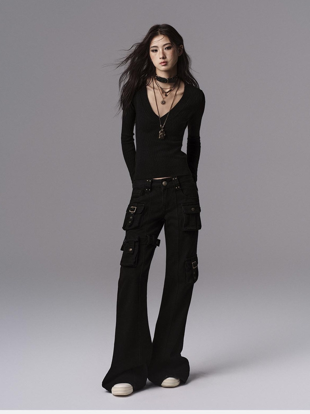 Low pixel Waist Cinched Gothic Slim V-neck Black Women Pullover Cropped Jackets
