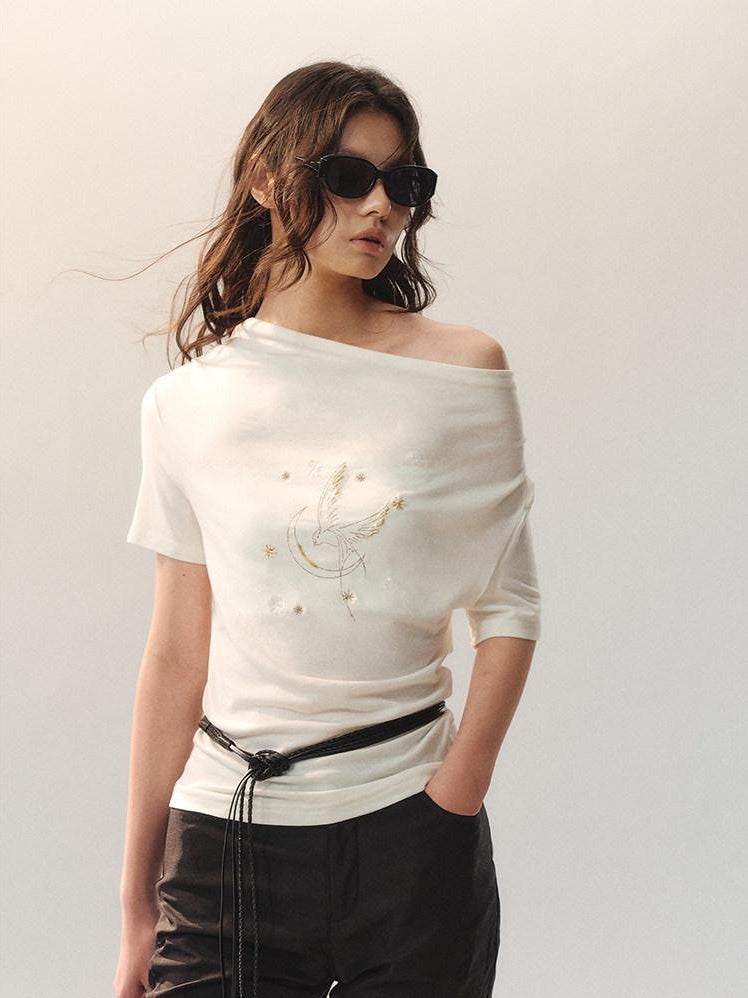 AnnoMundi Beaded Asymmetric Neck Loose Women Lyocell Stretch White Short Sleeve T-Shirts