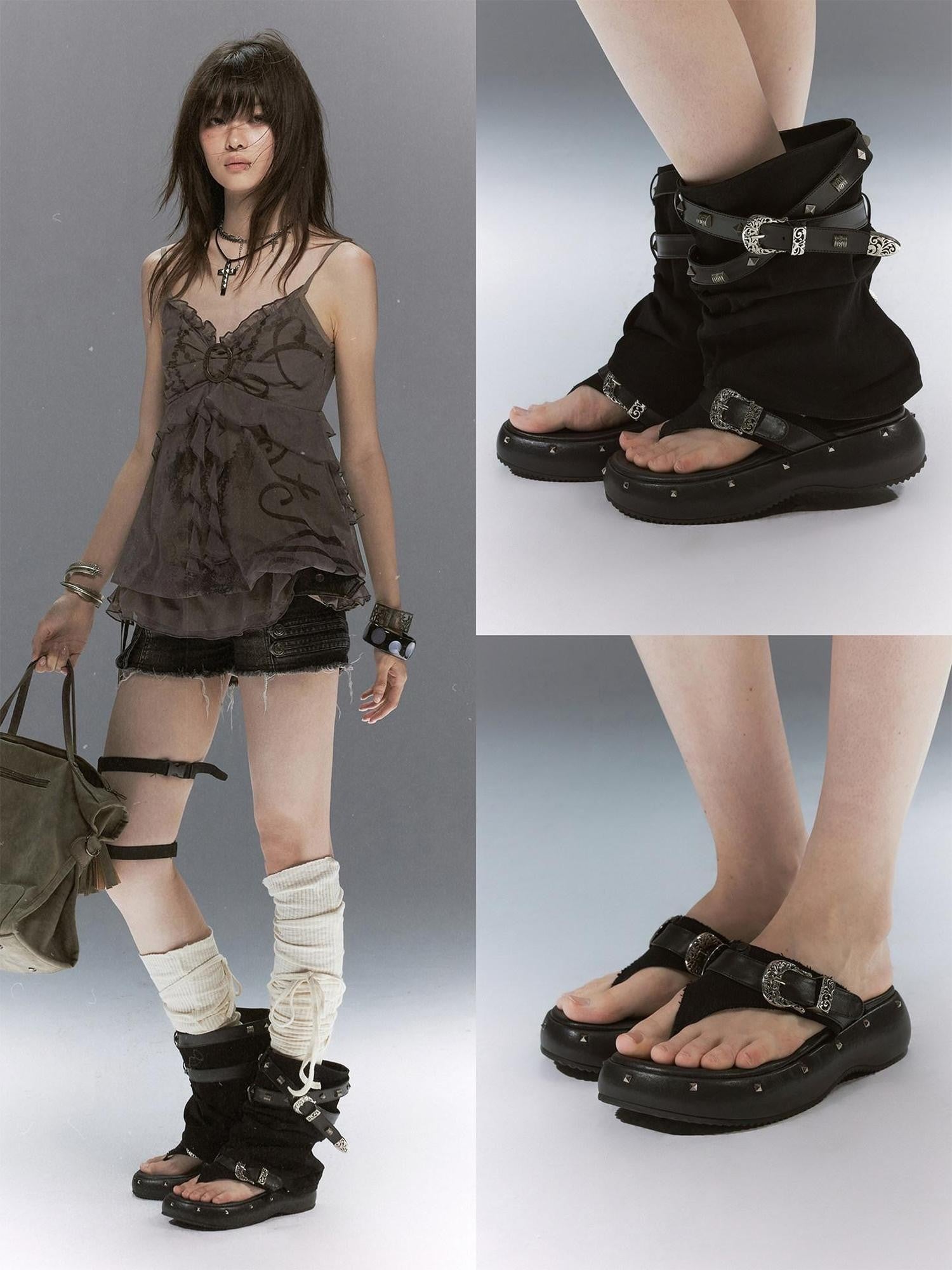 Cest Nous Grunge Punk Studded Dual Strap Detachable Women&