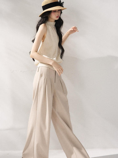 7Shiftin Soft Lyocell Loose Halter High Neck Short Beige Womens Off Shoulder Crop Tops