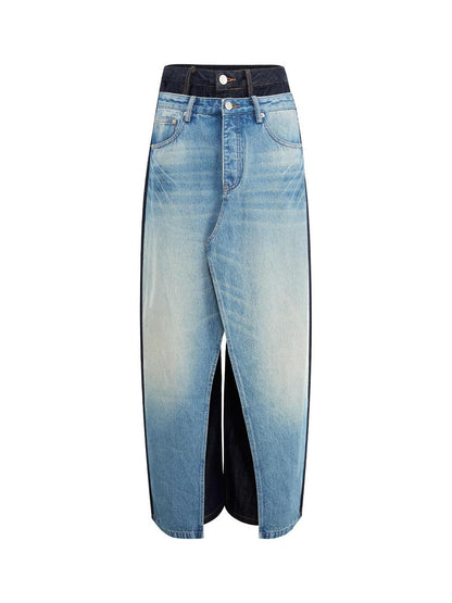RUN TO THE FUTURE Durable Washed Denim Casual Loose Natural Waist Zipper Fly Blue Wide-Leg Jeans