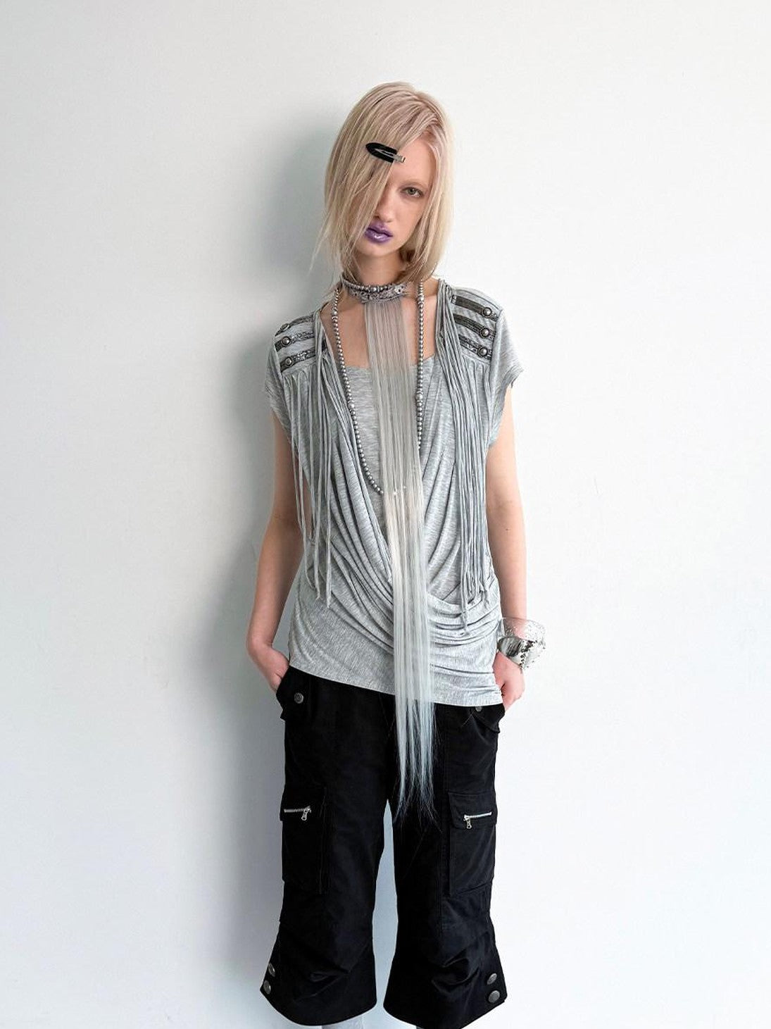 DoublePunch Desert Sand Asymmetric Draped Tassel Knit Women&