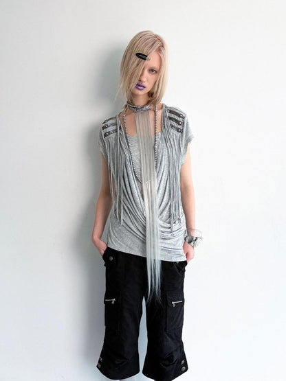 DoublePunch Desert Sand Asymmetric Draped Tassel Knit Women&