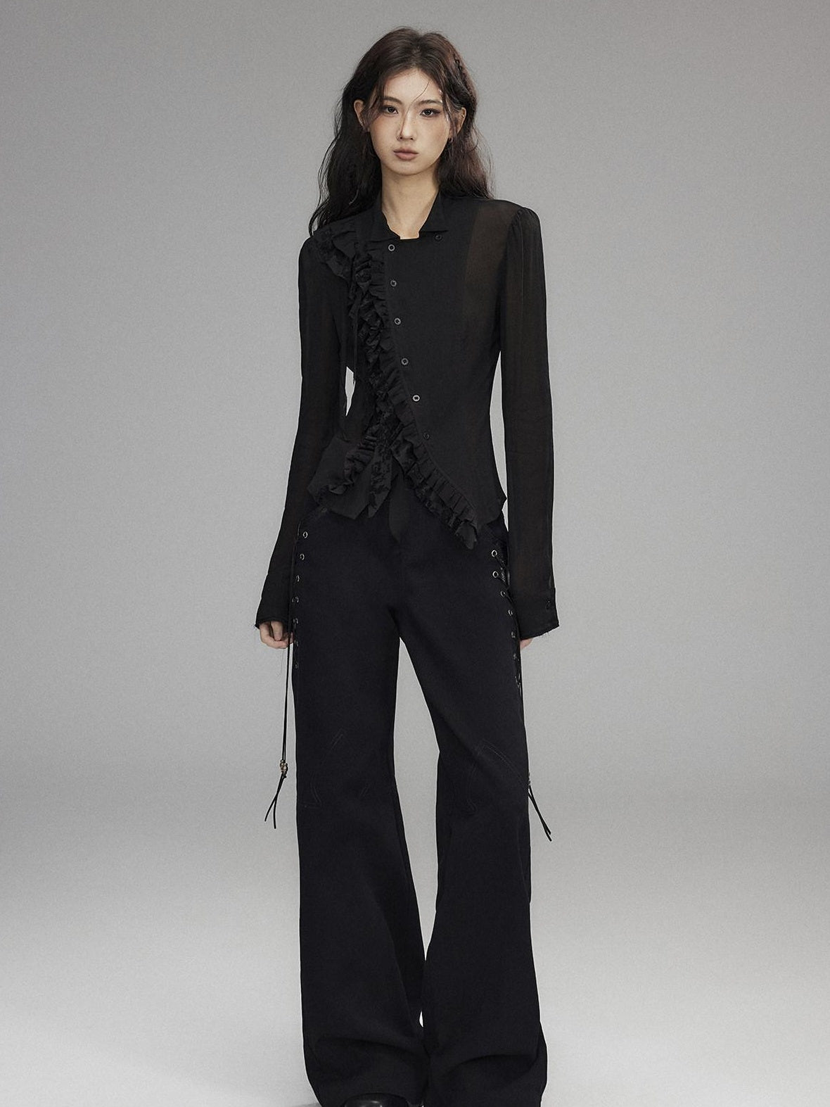 Low pixel Pure Cotton Low Rise Wide Leg Zipper Casual Womens Black Straight Pants