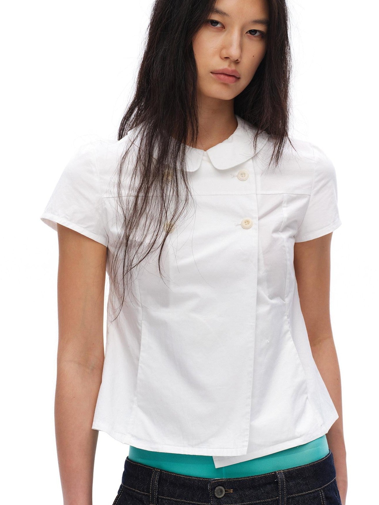 oinimi White Double Button Peter Pan Collar Slim Fit Short Sleeve Women&