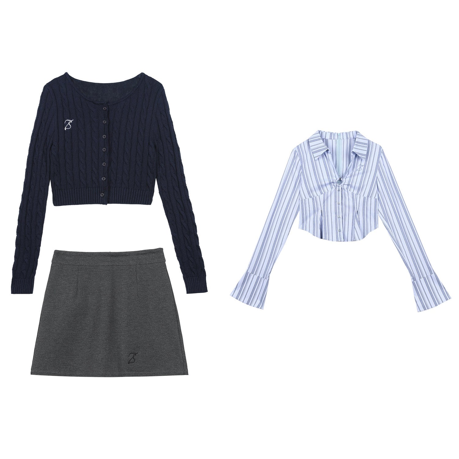 7Shiftin Crop Two Piece Casual Short Length Layered Set For Women Blue White Shirts