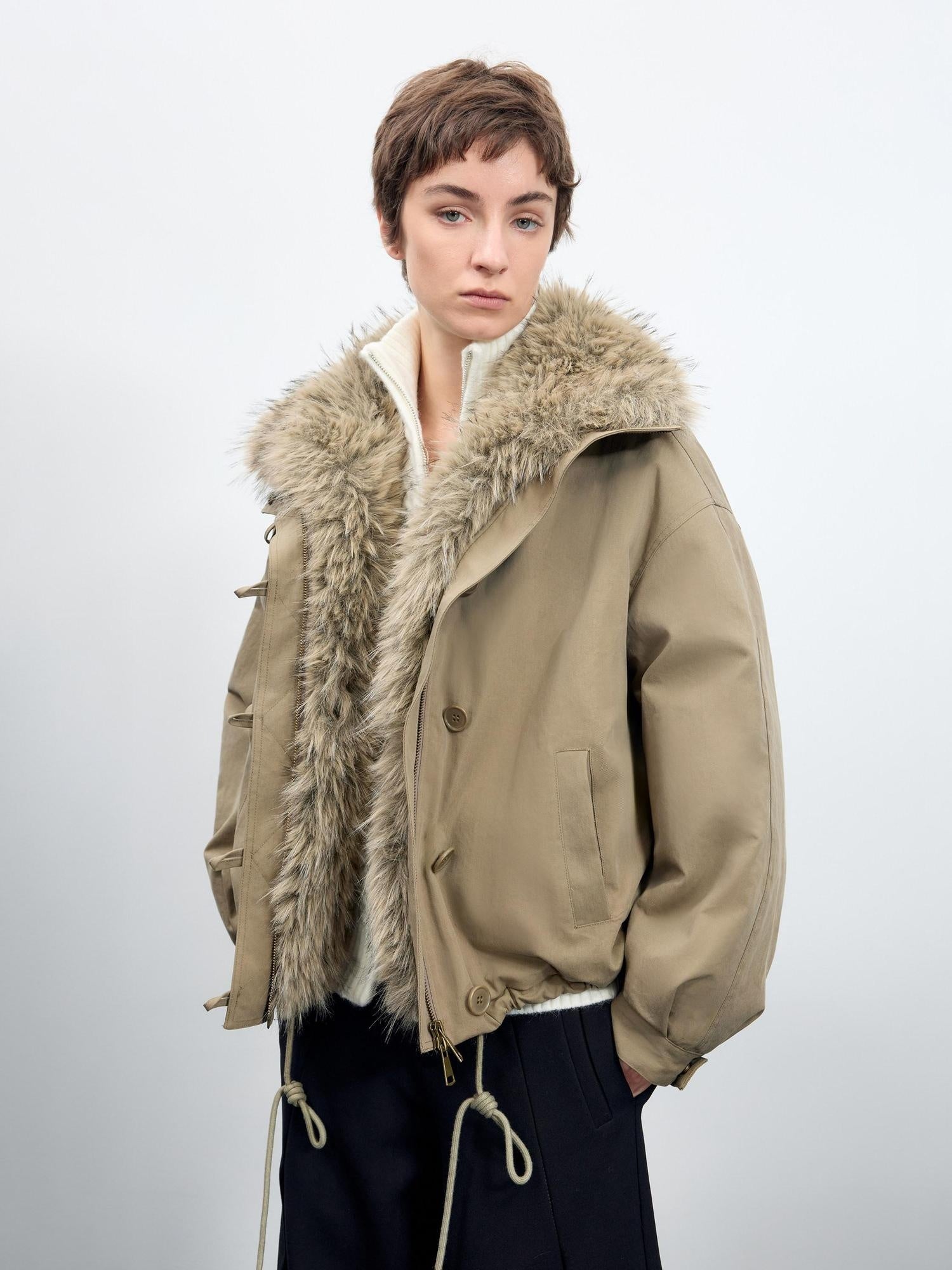RUN TO THE FUTURE Thick Cotton Fill Fur Collar Loose Fit Commuter Solid Zip Puffer Jackets