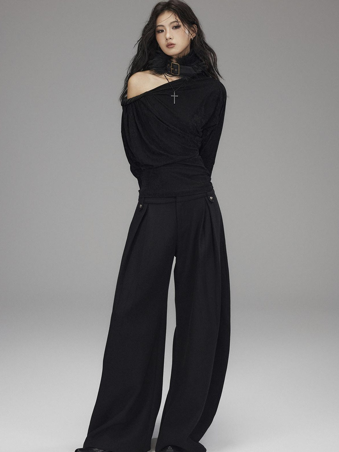 Low pixel Black Wool Blend Low Rise Zipper Casual Straight Hem Women Wide Leg Pants