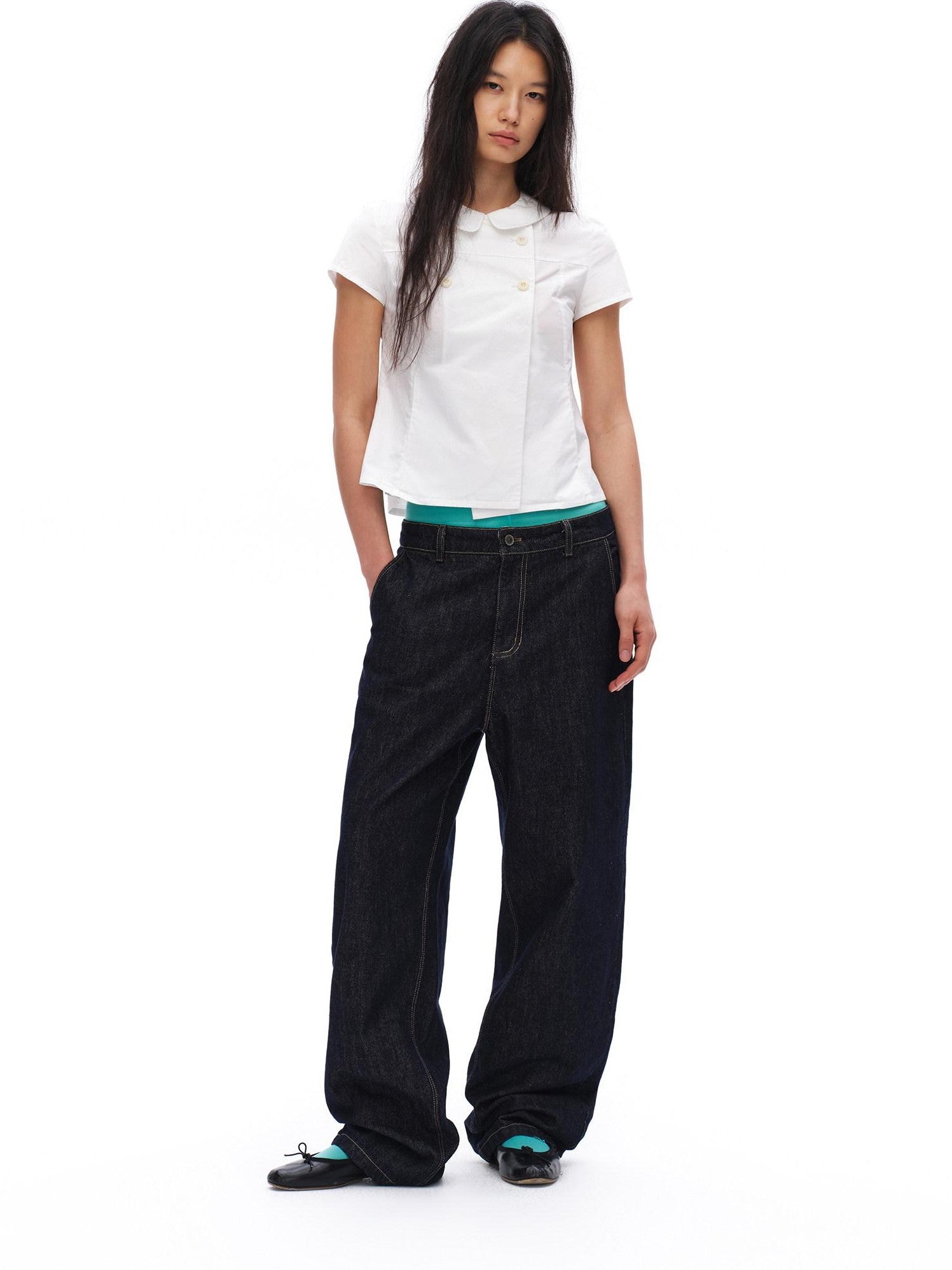oinimi White Double Button Peter Pan Collar Slim Fit Short Sleeve Women&