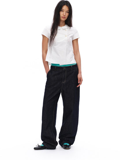 oinimi White Double Button Peter Pan Collar Slim Fit Short Sleeve Women&