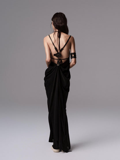 Low pixel Pure Cupro Slim Fit Dark Gothic Vneck Camisole Women Black Zip Back Maxi Dresses