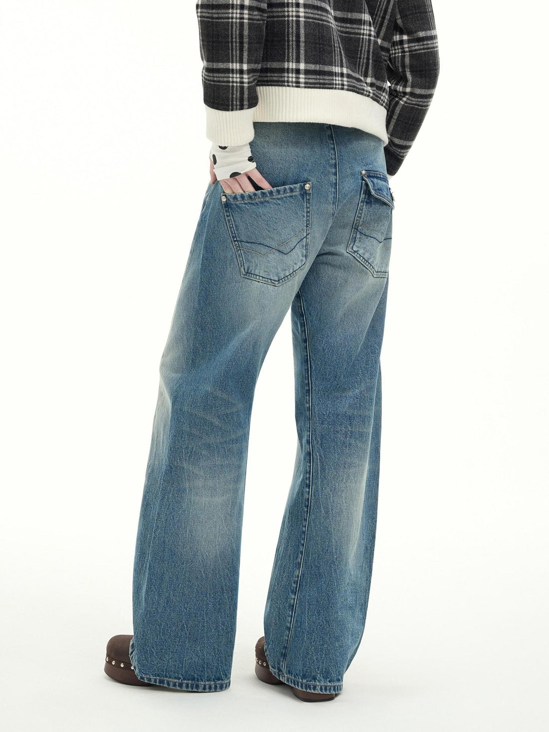 RUN TO THE FUTURE Washed Cotton Casual Natural Waist Topstitch Women Denim Blue Wide-Leg Jeans