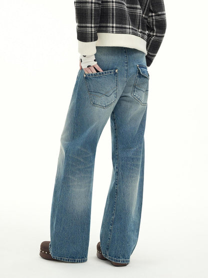 RUN TO THE FUTURE Washed Cotton Casual Natural Waist Topstitch Women Denim Blue Wide-Leg Jeans