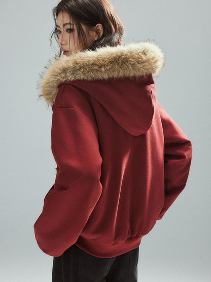 Low pixel Thick Warm 100 Percent Cotton Street Loose Fit Zip Up Women Red Oversized Hoodie