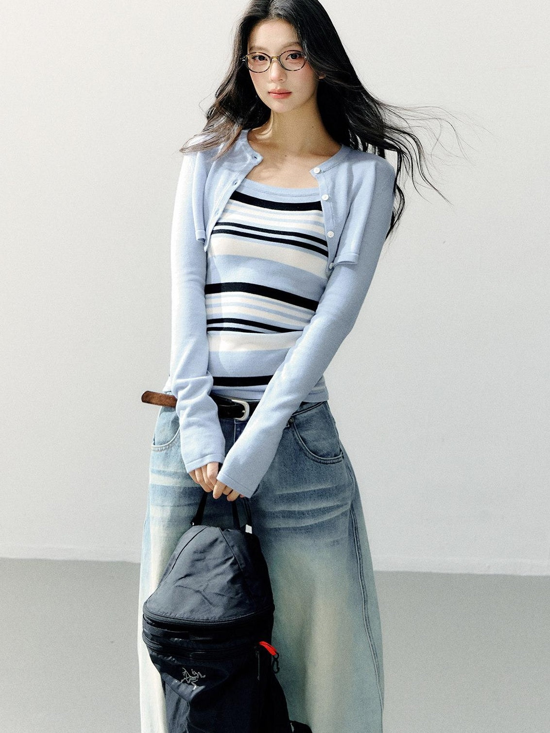 7Shiftin Striped Two Piece Cardigan And Camisole Casual Women Blue Long Sleeve T-Shirts