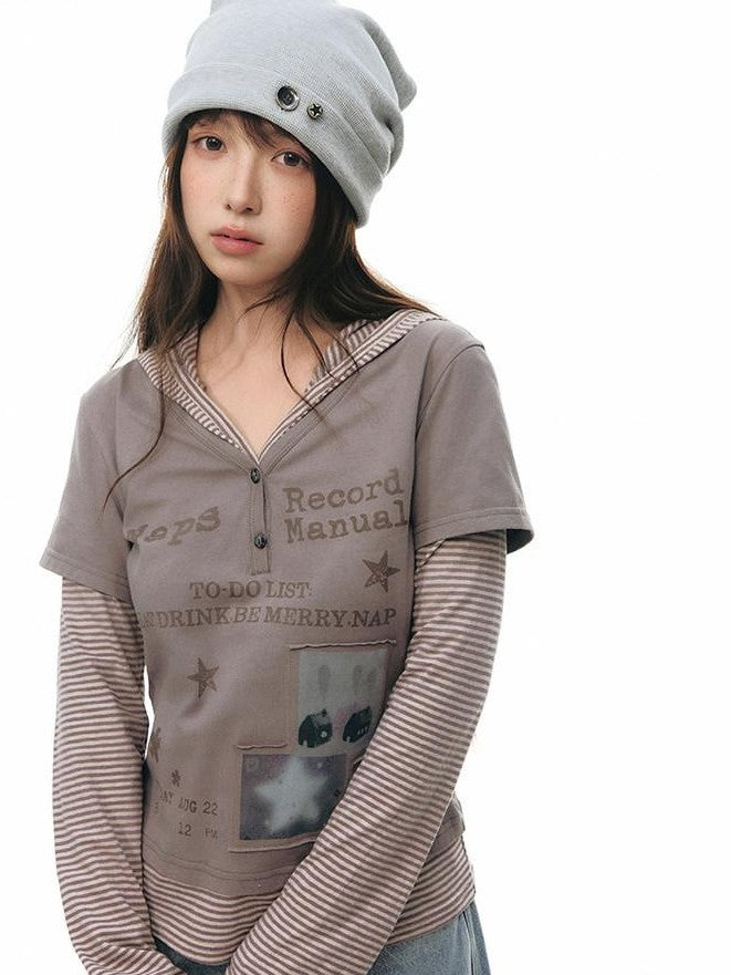 NAPSNAPS Striped Patchwork Letter Print Hooded Women&
