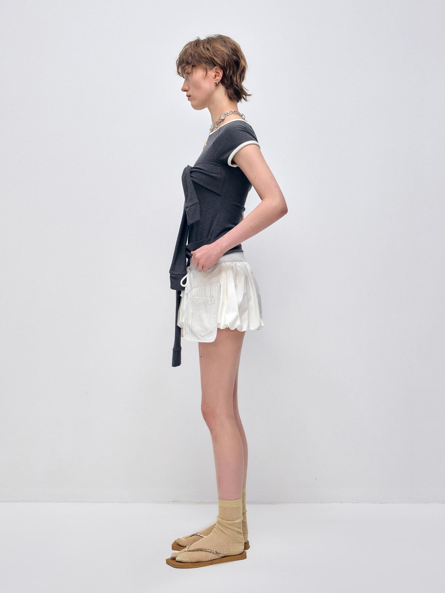 RUN TO THE FUTURE Original Minimal Cotton Lantern Low Waist Tie Pockets Women Short Trousers