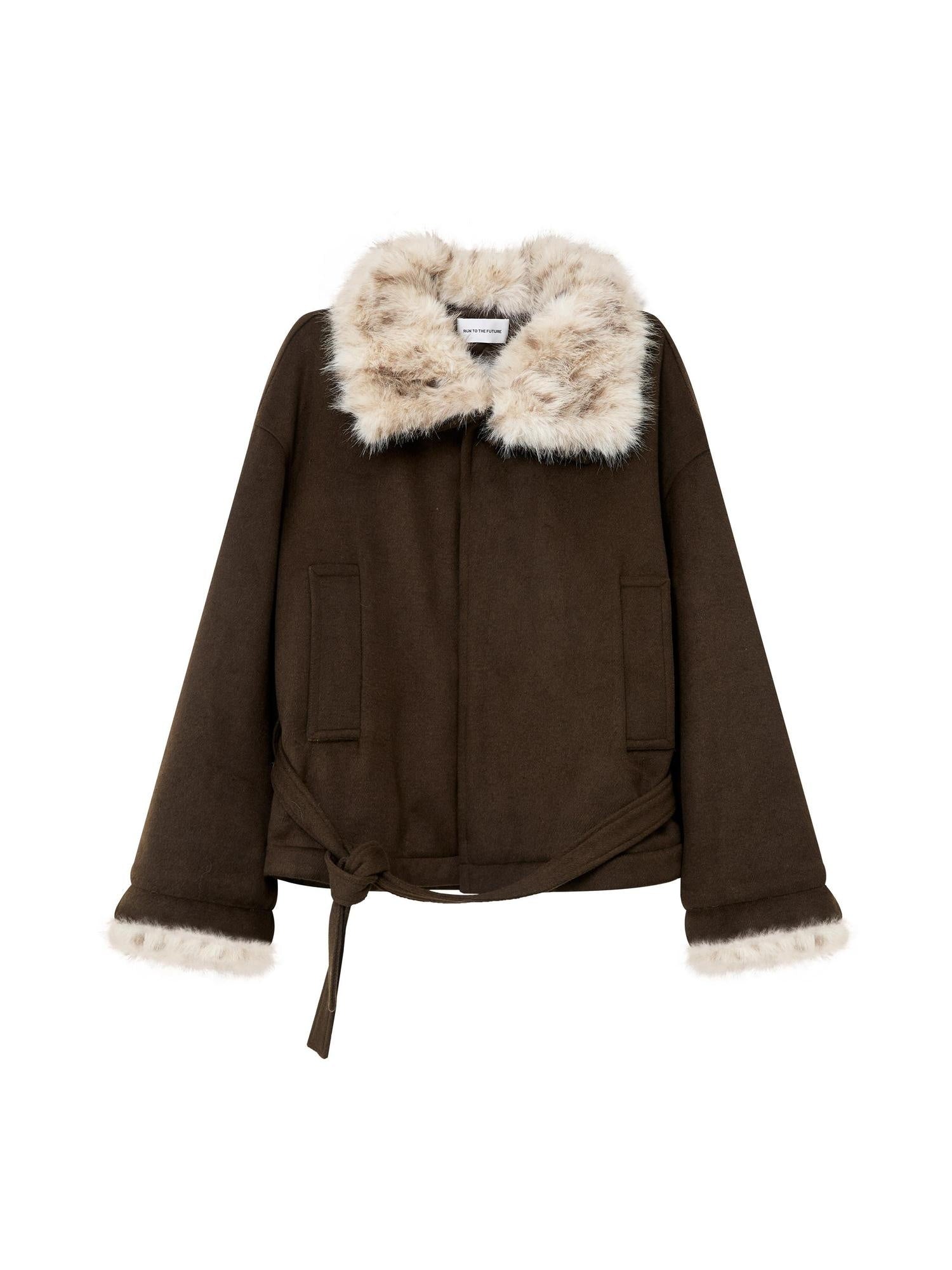 RUN TO THE FUTURE Thick Loose Fit Lapel Tie Midlength Casual Female Zelkova Green Track Jackets