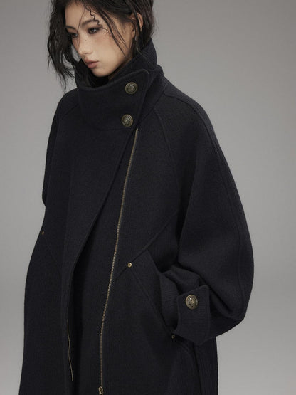 Low pixel Thick Wool Blend Oversized Streetwear European Long Zip Lapel Black Wool Coats