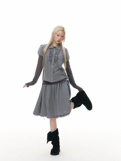 NAPSNAPS Gray Blue Lace Puff Sleeves Cardigan Women&