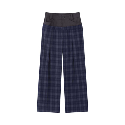 RUN TO THE FUTURE Original Double Waist Pockets Low Rise Wide Leg Women Blue Grey Plaid Chinos