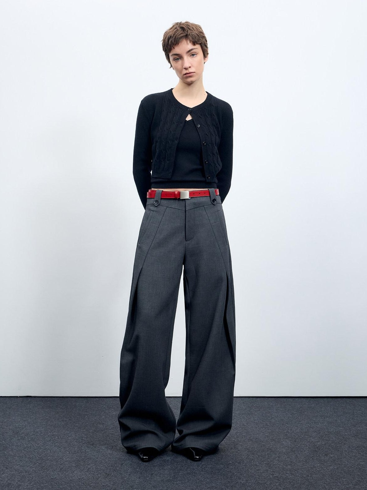 RUN TO THE FUTURE Flattering Mid Rise Minimalist Straight Cut Office Gray Black Wide-Leg Pants