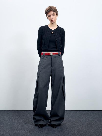 RUN TO THE FUTURE Flattering Mid Rise Minimalist Straight Cut Office Gray Black Wide-Leg Pants