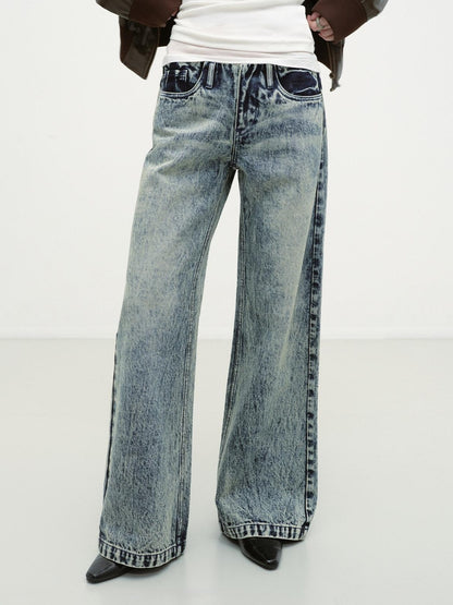 RUN TO THE FUTURE Vintage Washed Distressed Low Rise Durable Snow Blue Denim Women Straight Jeans