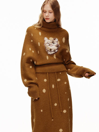OuttheBlue Cozy Turtleneck Pullover Waist Cinched Casual Animal Print Knit Top &amp; Skirt Sets