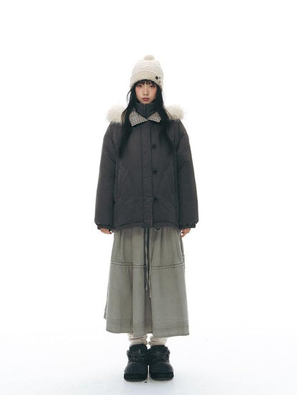 NAPSNAPS White Fur Hooded Double Collar Faux Two Piece Women&
