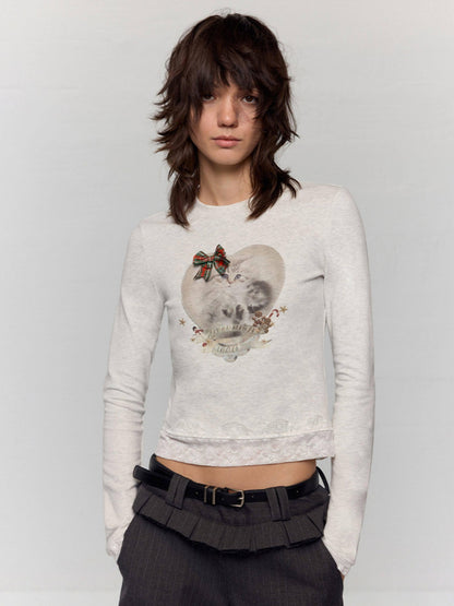 RUN TO THE FUTURE Stretch Cotton Slim Vintage Commuter Printed Lace Long Sleeve Women Crop Tops