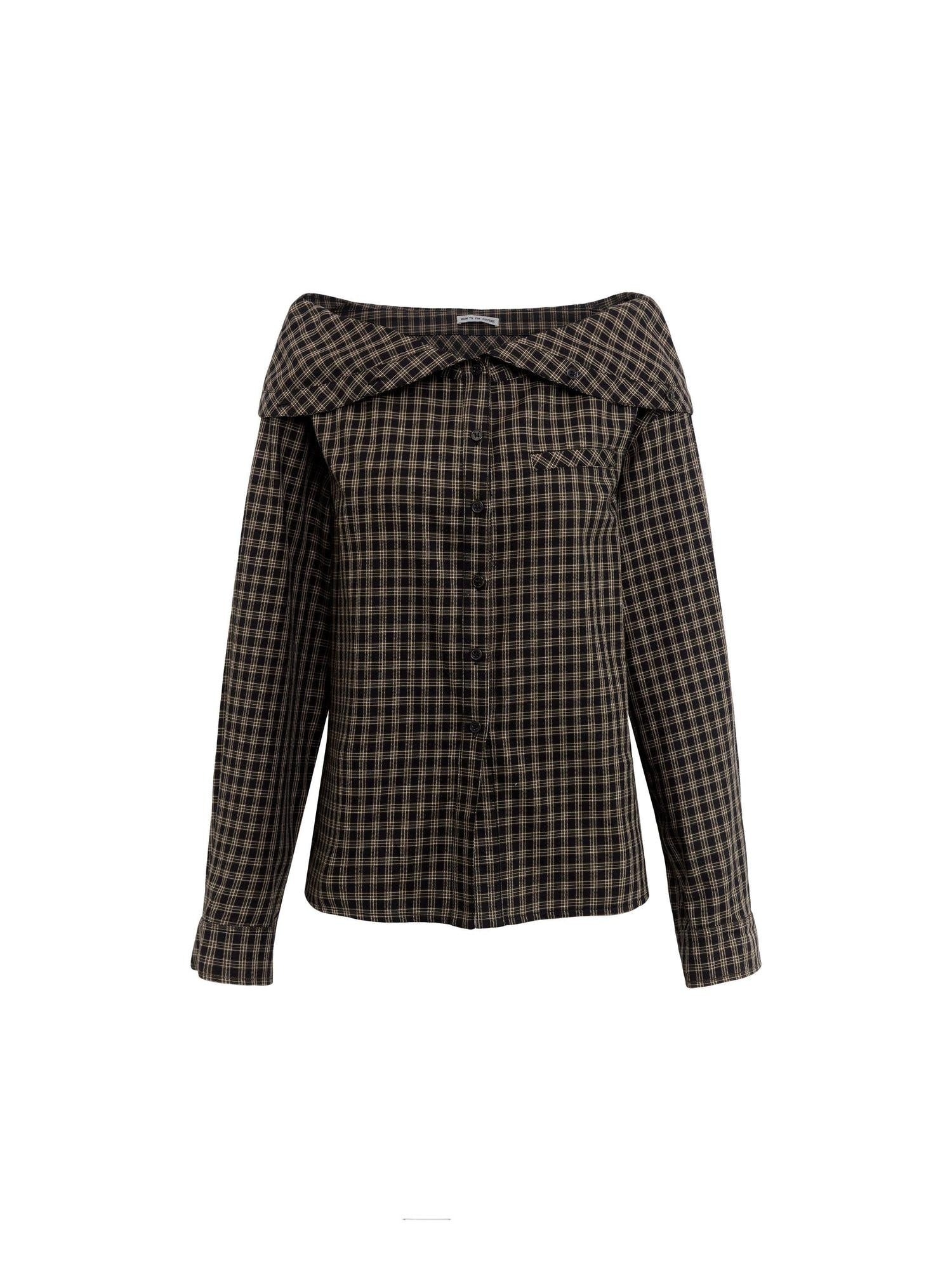 RUN TO THE FUTURE Original Design Breathable Cotton Loose Fit Plaid Bardot Womens Blouses