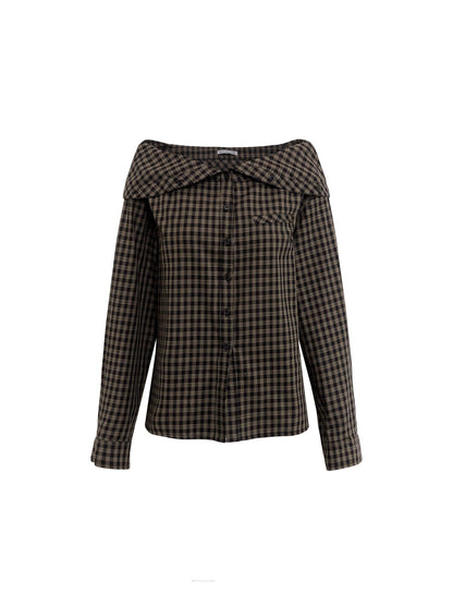 RUN TO THE FUTURE Original Design Breathable Cotton Loose Fit Plaid Bardot Womens Blouses