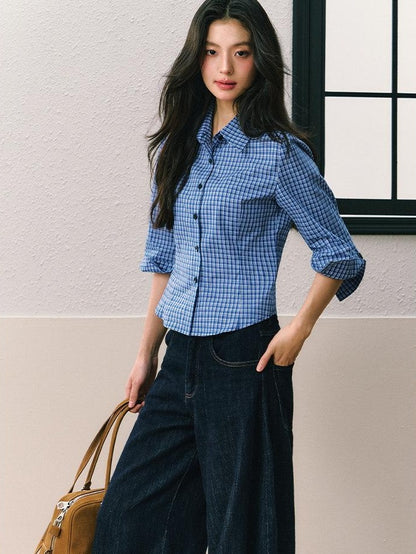 7Shiftin Dark Blue Non Stretch Natural Waist Casual Straight Cut Ladies Wide Leg Jeans