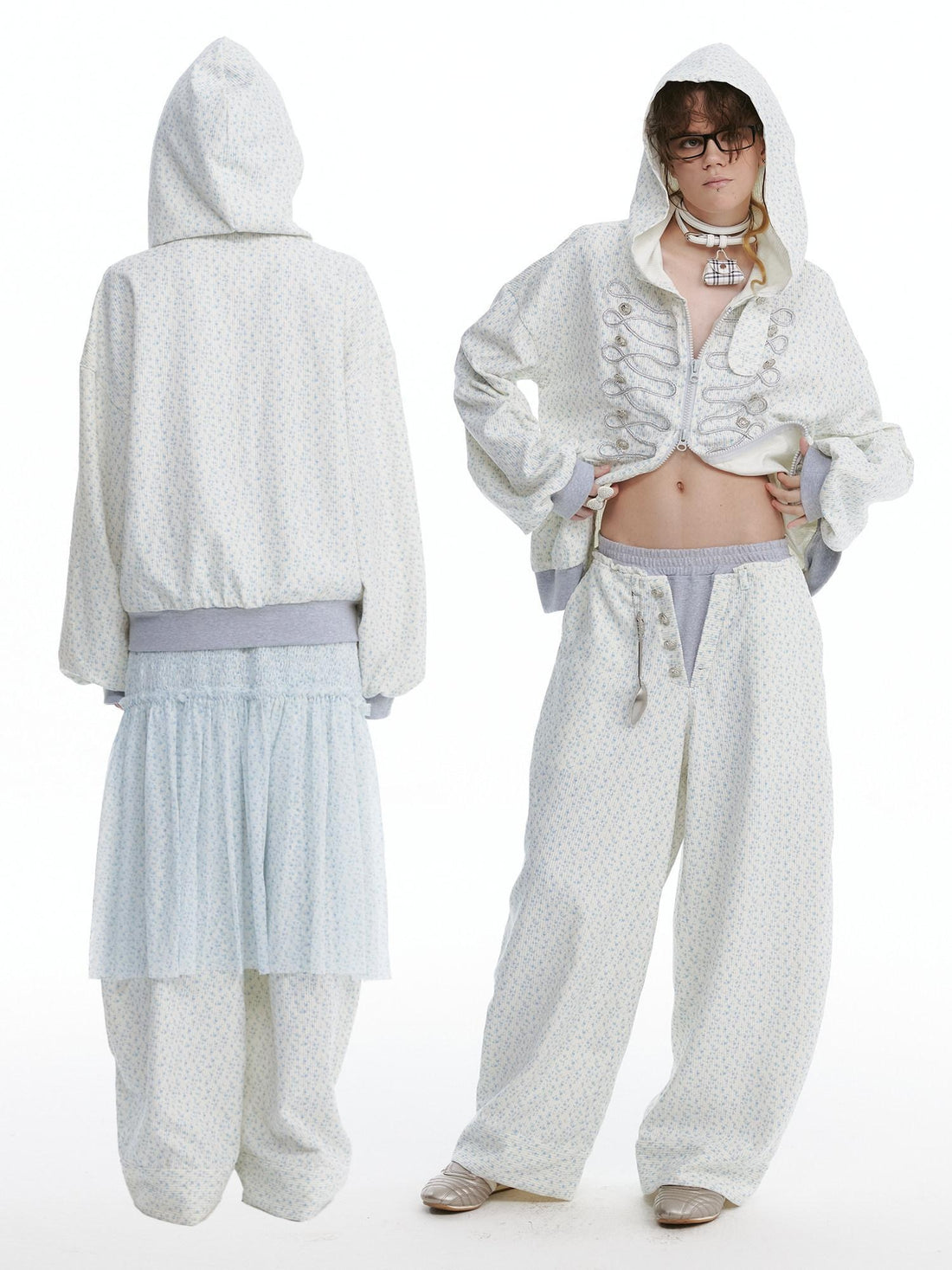 nit alcove Floral Zip Hoodie Loose Fit Long Sleeve Unisex Long Pants Top &amp; Pants Sets