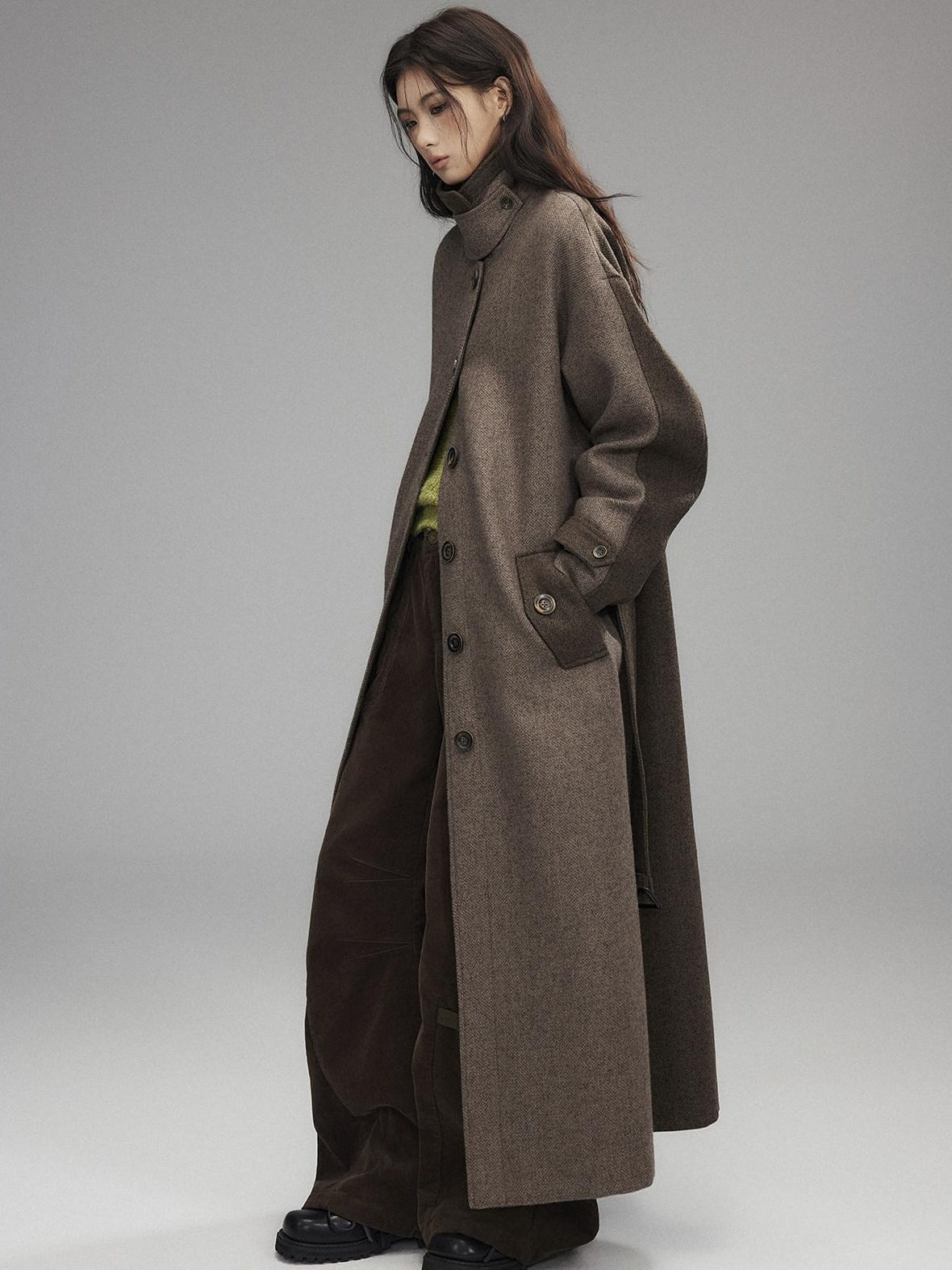 Low pixel Wool Blend Thick Colorblock Oversized Stand Collar Single Breasted Wool Coats
