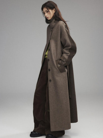 Low pixel Wool Blend Thick Colorblock Oversized Stand Collar Single Breasted Wool Coats