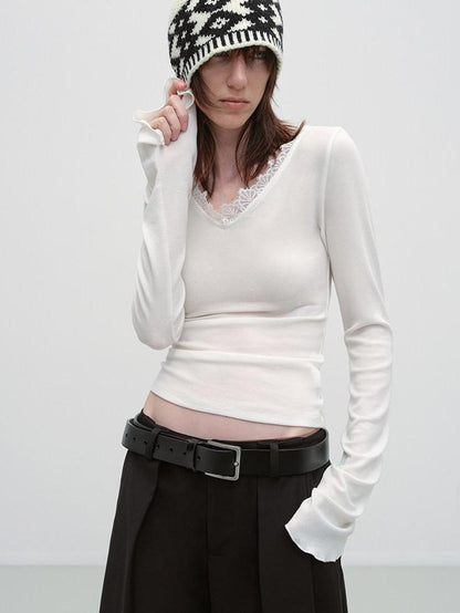 RUN TO THE FUTURE Lyocell Wool Moisture Wicking Slim V-neck Lace Trim Women Long Sleeve T-Shirts