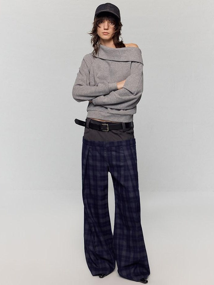 RUN TO THE FUTURE Asymmetric Slanted Neck Loose Fit Retro Office Pullover Heather Gray Sweatshirts