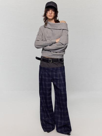 RUN TO THE FUTURE Asymmetric Slanted Neck Loose Fit Retro Office Pullover Heather Gray Sweatshirts