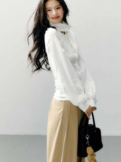 7Shiftin Cotton Bow Tie Fitted Waist Casual Cropped Long Sleeve Women White Blouses