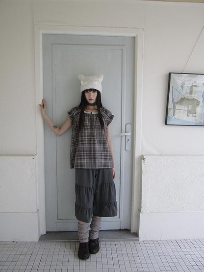 ang project Brown Plaid Patchwork Lace Trim Puff Sleeve Women&