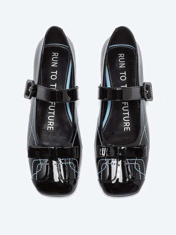 RUN TO THE FUTURE Sheepskin Insole Vintage Square Toe One Strap Low Heel Rubber Sole Women Flats