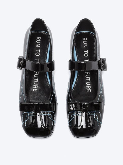 RUN TO THE FUTURE Sheepskin Insole Vintage Square Toe One Strap Low Heel Rubber Sole Women Flats